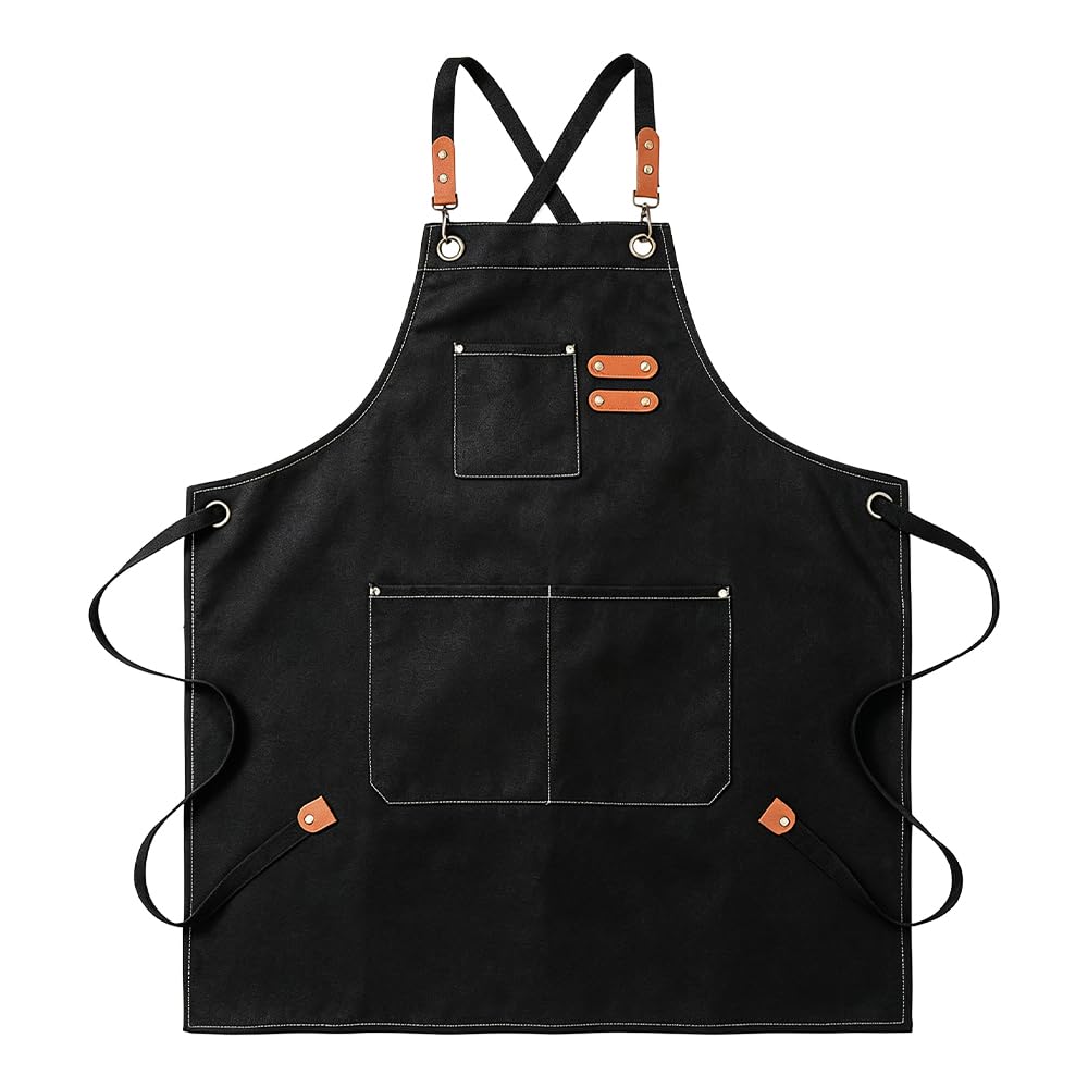 Dallys Heavy Duty Canvas Work Apron for Men Women Adjustable Cross-Back Straps, Multiple Tool Pockets Aprons Professional Black Bib Apron for Chef, BBQ, Barista, Woodworking Crafts (black)
