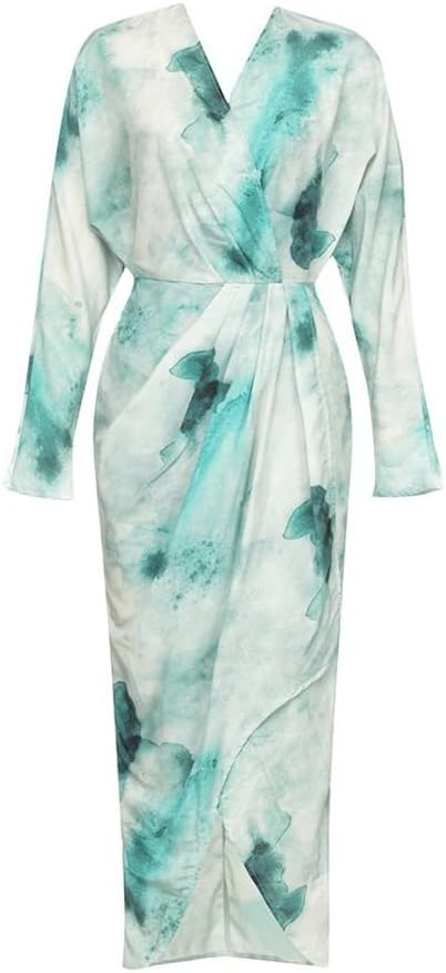 JSEIAJB Sexy Long Sleeve Floral V-Neck Side Split Irregular Dresses