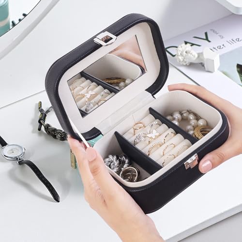 Image of BucketList PU Leather Jewellery Organizer Box with Mirror | Travel-Friendly Jewelry Storage Case with Ring Slots & Secure Lock (Travel Jewellery Box with Mirror (Black))