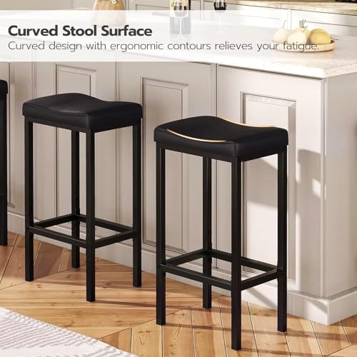 Image of Bar Stools, 25 inch Bar Chair, PU Leather Upholstered Breakfast Stools, Easy, Suitable for Kitchen, Bar, Dining Room, Black (1-Stool)