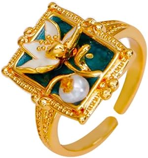 Vintage Baroque Lily Floral Ring for Women Geometry Square Statement Finger Rings Delicate Pearl Flower Wedding Adjustable Open Band Jewelry