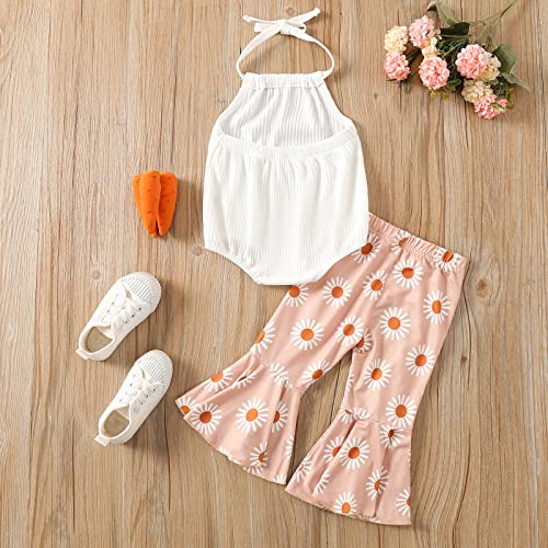 Kaipiclos Toddler Baby Girl Sleeveless Halter Ribbed Solid Color Romper Sunflower Floral Print Flare Bell Bottoms Pants Outfit #TOP3