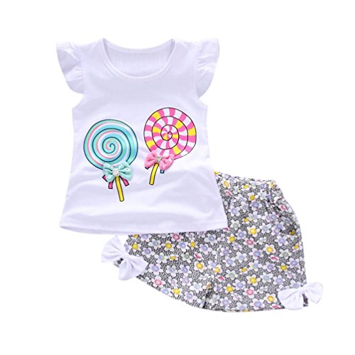 Preisvergleich Produktbild Babybekleidung,Resplend Kleinkind Kinder Baby Mädchen Outfits 2 Stück Lollipop T-Shirt Tops + Kurze Hosen Kleidung Set Blumen Babyanzug Bowknot Rüschen Bekleidungssets (Weiß, 18 / 24M)