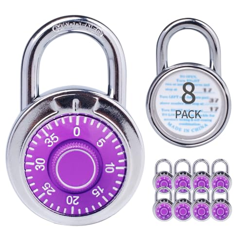 Image of Combination Padlocks with Metal Body, Indoor Use for Gym Lockers & School Locker, Purple, 8-Pack