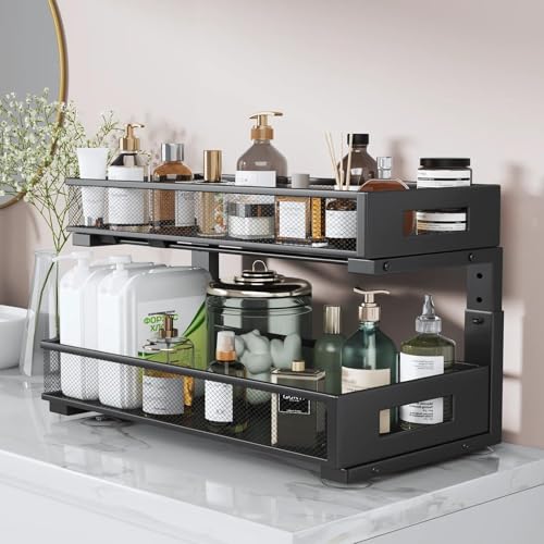 Image of 2 Packs 21IN Depth Under Sink Organizer, 2-Tier Pull Out Cabinet Organizer With Smooth Circular Rail, Large Capacity Metal Mesh Sliding Drawers For Bathroom& Kitchen Storage,Height Adjustable-Black