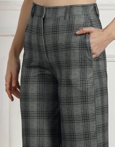 Image of Selvia Women's Straight Leg Printed Checks Pants with Pockets Comfort Fit Trousers