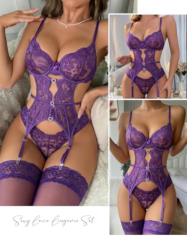 Image of Avidlove Women's Underwire Lingerie Set with Garter Belt Sexy Lace Bodysuit Cut Out Rhinestone Teddy Lingerie (No Stockings)