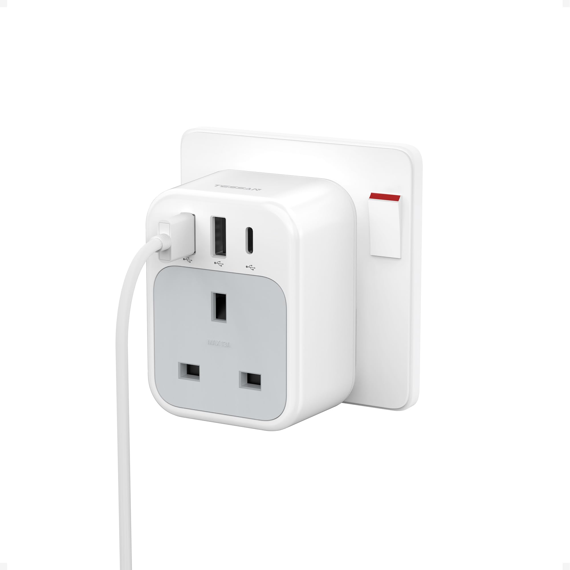 TESSAN USB C Plug Adapter UK, Plug Extension Socket with 3 USB Ports