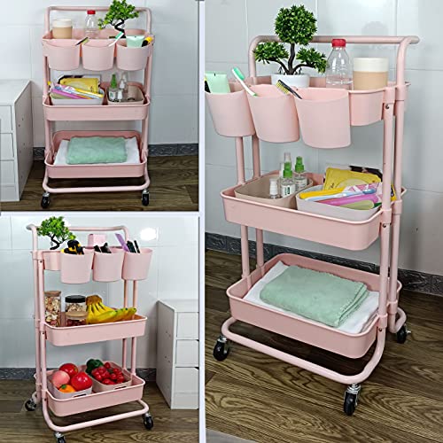 Freletry 3 Tier Utility Rolling Cart Storage Organizer Shelf Rack With 3Pcs Hanging Cups + 8Pcs Hooks + 2Pcs Storage Box For Home Office Kitchen Bathroom Storage (Pink 3 Cup+8 Hook+2 Storage Box) #TOP3