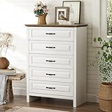 Marsail 5 Drawer Dresser for Bedroom, Modern Farmhouse Wood Wide Chest of Drawers, Storage Dressers Organizer with Anti-Slip Kit for Living Room, Bedroom & Hallway, Wood White