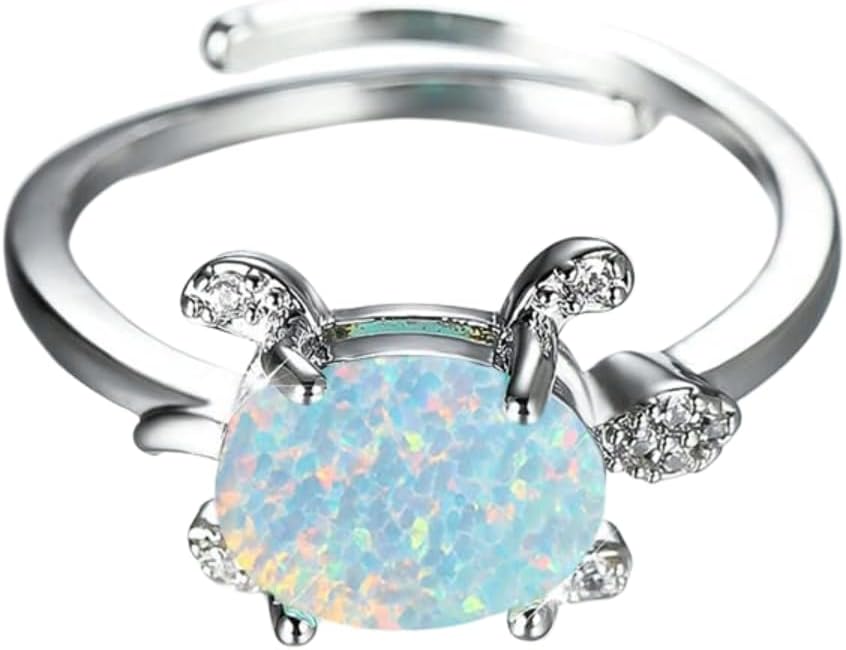 Cultured Opal Turtle Open Statement Ring Cubic Zirconia Crystal Sea Animals Pets Adjustable Stacking Finger Band Promise Eternity Wedding Expand Rings Cute Jewelry for Women Teen Girls Gifts