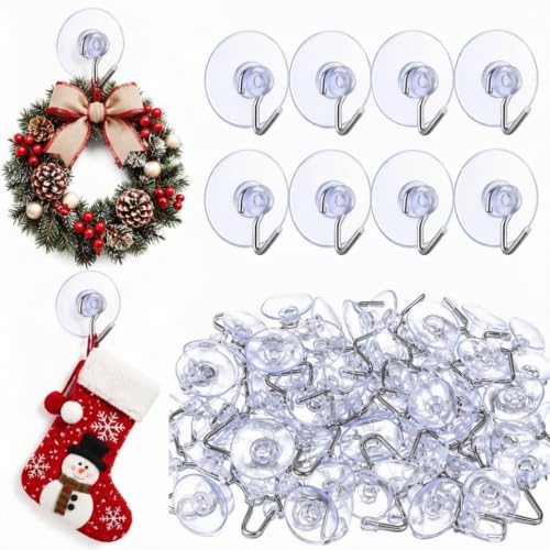 Anglechic 100 Pcs Christmas Small Suction Cup Hooks for Glass Window | 0.87 Inch Diameter Utility Suction Cups, Damage-free Removal, Holds String Lights Wreaths, For Bathroom Kitchen Shower Glass
