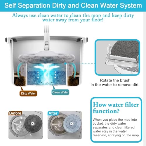 Image of Spin Mop for Home Cleaning Floor / 360 Rotating Mops for Floor Cleaning Deluxe System ๐๐๐ฅ๐ ๐๐๐ฉ๐๐ซ๐๐ญ๐ข๐จ๐ง Dirty and Clean Water System 2Pcs Reusable Microfiber Pad (White)