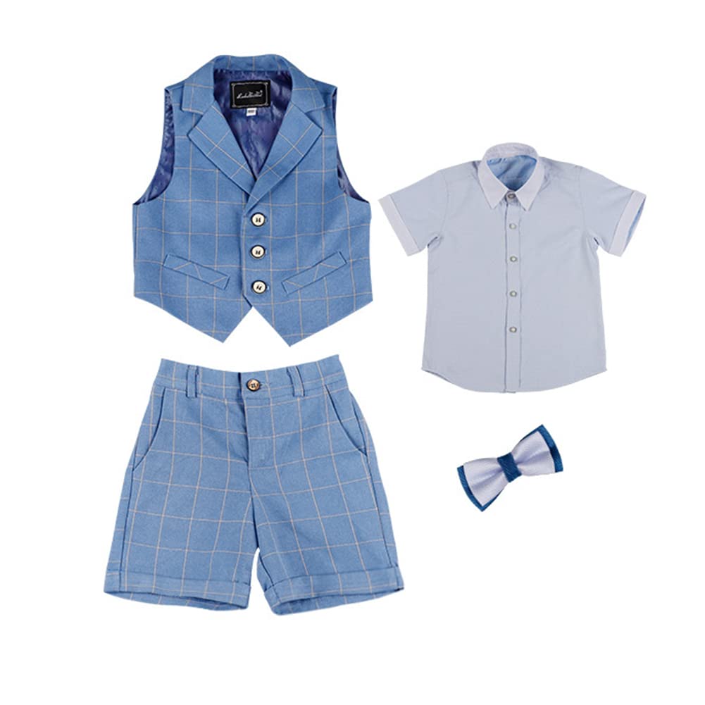 Traje Corto de Boda para Niños,Conjunto de Chaleco de Traje Azul a Cuadros para Bebé Niño Talla Grande Chicos Graduación Trajes Elegante Fiesta Bautizo Ceremonia Traje Formal de Caballero