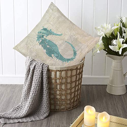Fukeen Ocean Beach Outdoor Throw Pillow Covers 18X18 Inch Set Of 4 Coastal Starfish Sea Turtle Scallop Seahorse Marine Animals Pillow Cases Cushion Cover White Linen Vintage Nautical Map Pillowcase #TOP4