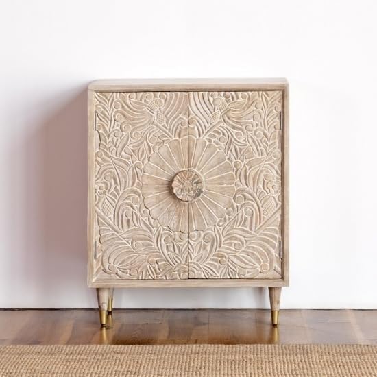 SHREE NATURAL® Solid Wood Cabinet with 2 Carving Door for Living Room | Solid Mango Wood Farmhouse Storage Sideboard Cabinet for Storage |Kitchen Cabinet Storage for Home. (White Distress)-image-31