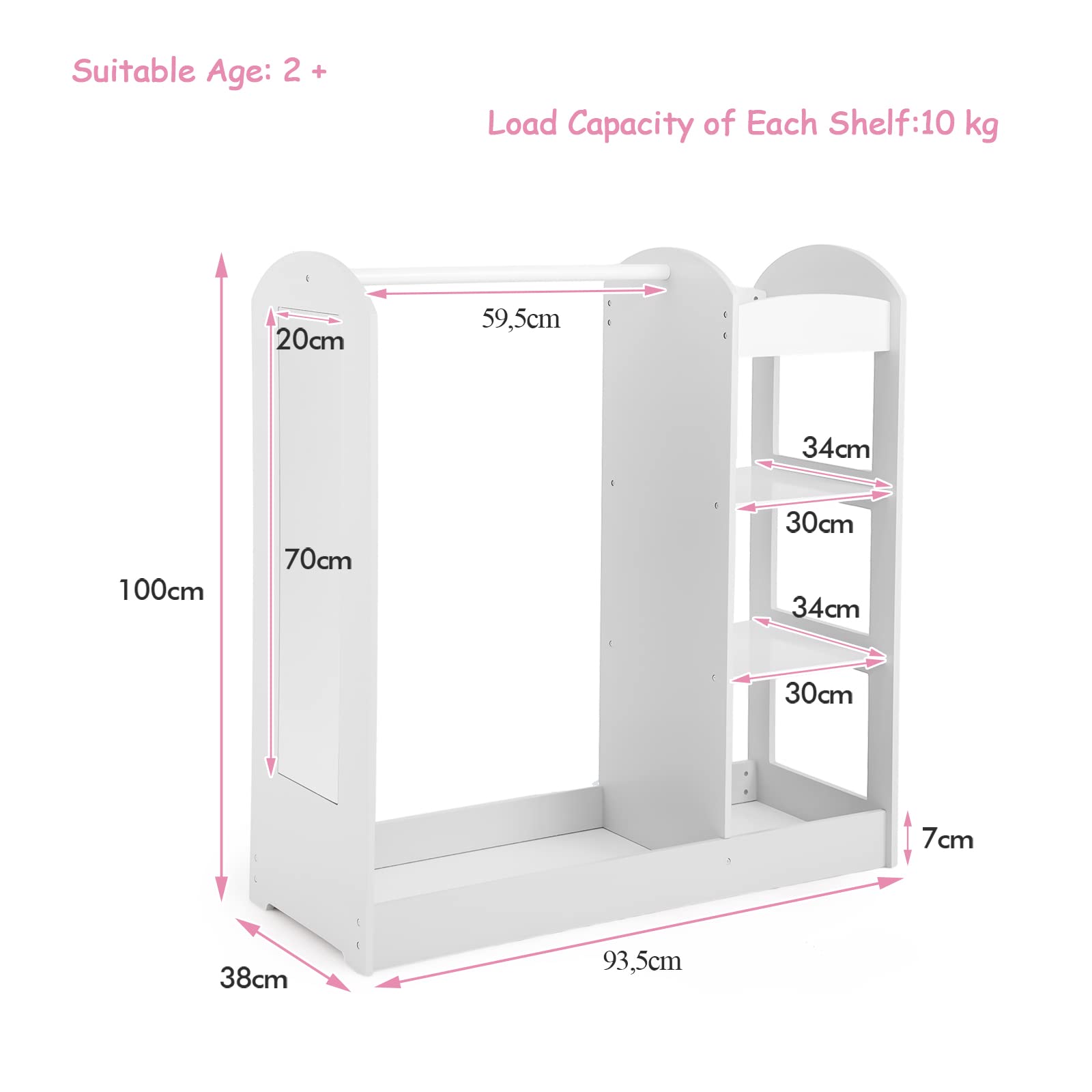 LIFEZEAL Armario infantil de ropa con perchero y estantes, organizador de madera con espejo entero, 93,5 x 38 x 100 cm Blanco