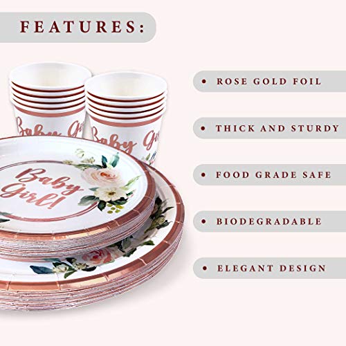 Baby Shower Tableware Plates And Napkins, Baby Girl Decorations | 25 Servings With Rose Gold Foil, Pink Floral Paper Plates, Napkins, Dessert Plate, Disposable Cups | Tea Party Supplies #TOP2