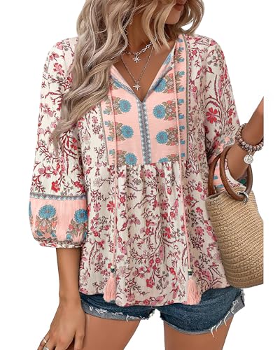 Vivilli Womens Summer Boho Babydoll Tops 3/4 Sleeve Pleated Peplum Blouses Casual V Neck Tie Front Fall Tunic Tops2
