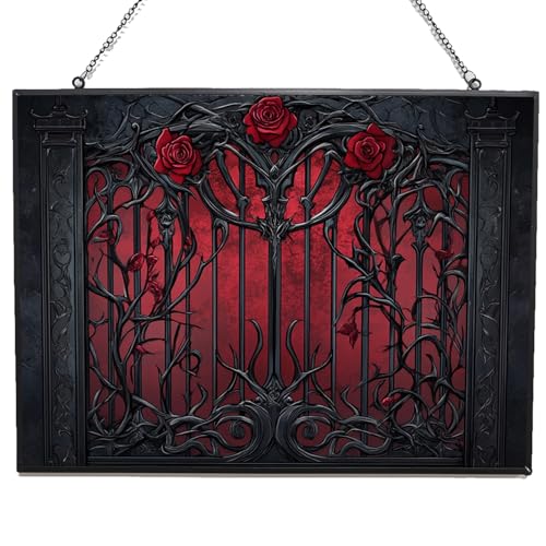 365CUSGIFTS Personalized Rectangle Gothic Rose Gate Stained Glass Suncatcher Stained Glass Window Hangings Birthday Gift for Mom Grandma Teacher Women Friend Memorial Hook
