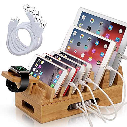 BEEBO BEABO Bamboo Charging Station for Multiple Devices Organizer, Desktop Wooden Docking Stations Holder Compatible with Phone, Watch, Table (NO Include USB Charger)