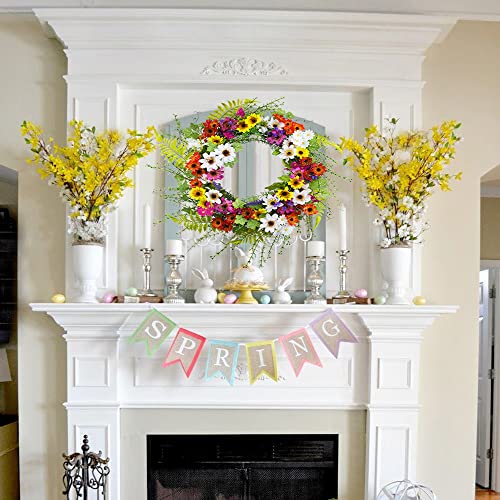Ferial Front Door Wreath Spring Summer Daisy Wreath Colorful 18 Inch Floral Wreath Artificial Wreath Silk Flowers And Green Leaves For Outdoor Indoor Farmhouse Party Holiday Home Wedding Decoration #TOP3