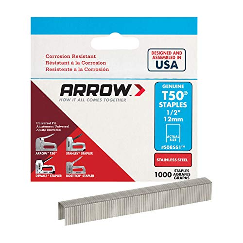 Arrow Fastener 508SS1 Heavy Duty T50 1/2-Inch Stainless Steel Staples for Upholstery, Construction, Furniture, Crafts, 1000-Pack