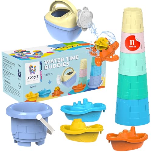 uToyz Water Time Buddies – 11pcs Toddler Water Toy Set with Watering Can, Boats, Toy Animals, Stacking Cups & Buckets, Toddler Bath Toys for 1+, Kids Pool Toys & Indoor Accessories for Water Play