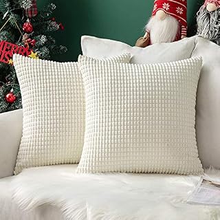MIULEE Set of 2 Christmas Cushion Covers Decorative Corduroy 12x12 Inches, 30cm x 30cm Striped Solid Square Throw Pillow Cases for Sofa Couch Home Bedroom Cream