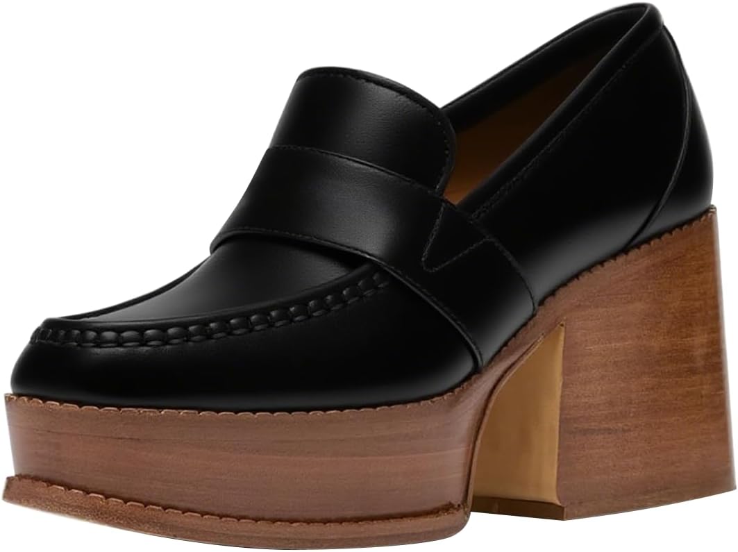 FSJ Women Classic Loafers Closed Round Toe Chunky Wooden Heel Retro Thick Sole Slip On Pumps Formal Business Shoes Size 4-16 US