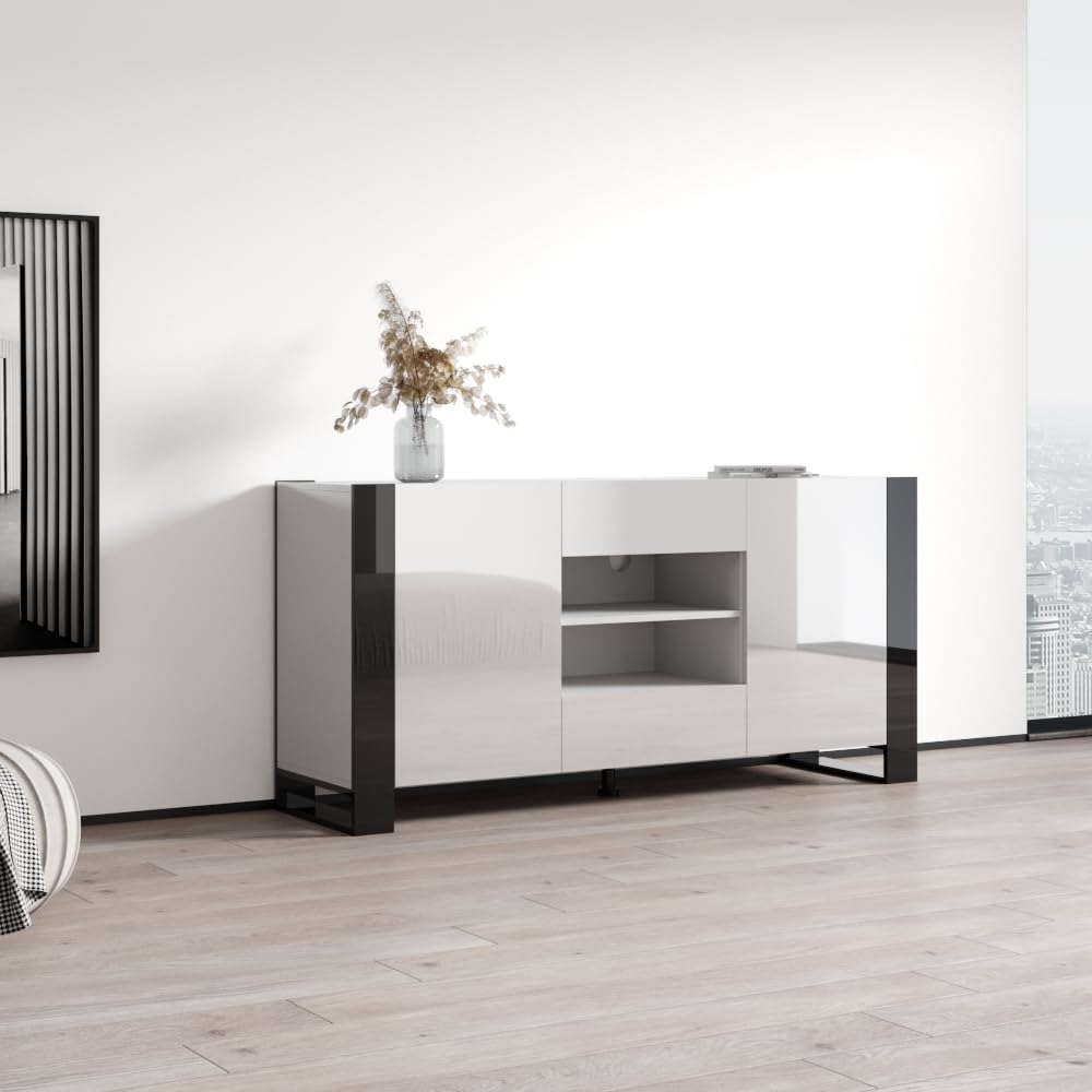 Meble Furniture Woody 64.5" Modern Sideboard Table — Two Doors and Two Drawers — Engineered Wood, 31.5" H x 64.5" W x 17.5" D — White/Black