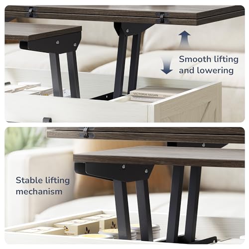 Image of BELLEZE Lift Top Coffee Table, 44 inch Farmhouse Table with Storage & Sliding Barn Doors, 3 in 1 Multi-Function Coffee Table for Living Room, Dining Reception Room, Lawson - White Sand