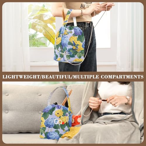 Image of ElliTarr Crochet Bag Yarn Bag with Handle Portable Knitting Project Bag Travel Yarn Storage Organizer Holder Case Blue Hydrangeas Hummingbirds