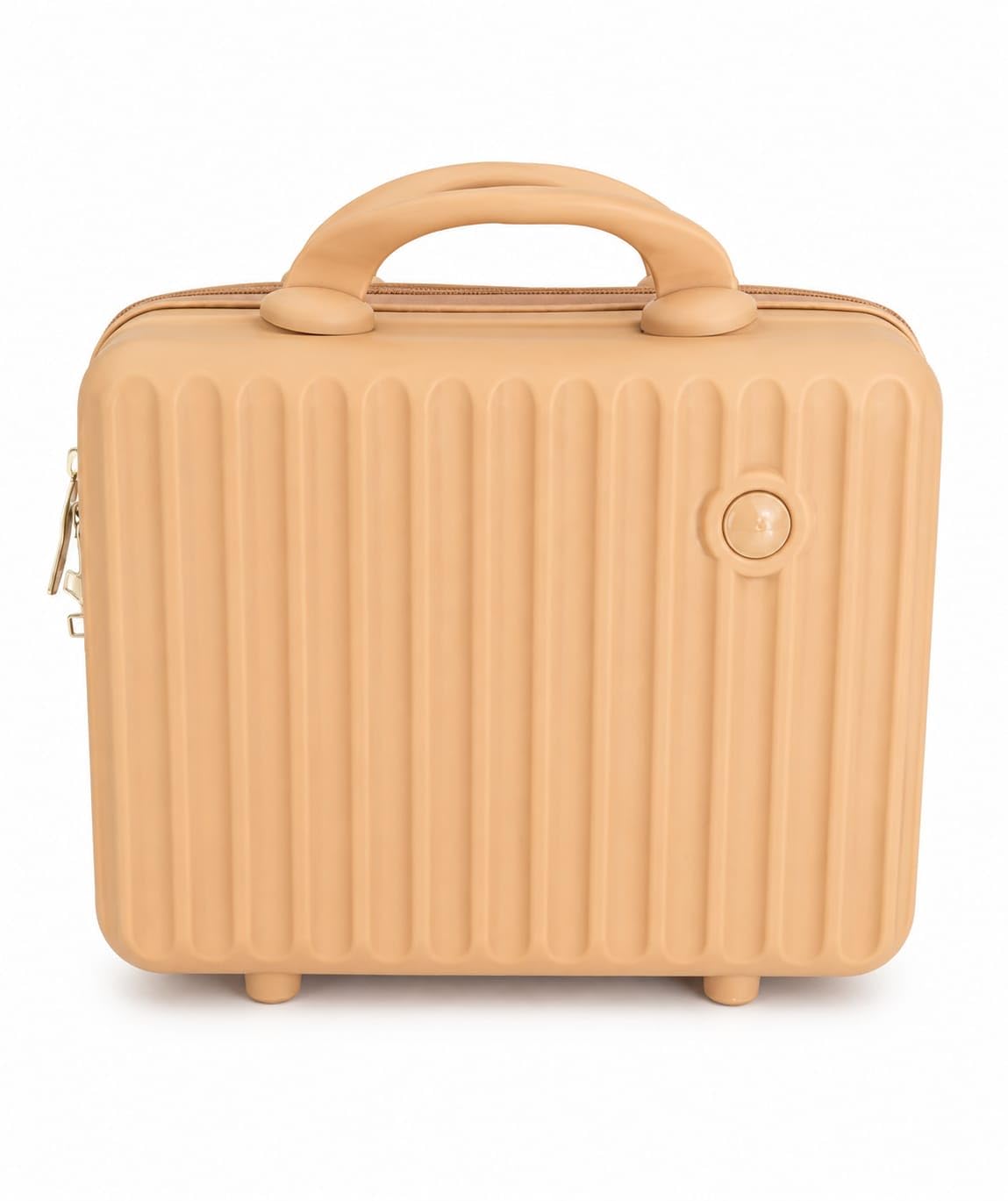 vanity case makeup kit organiser with tsa lock, beige | hard shell body, tsa combination lock, luggage strap on back, gold-tone zipper, carry handle