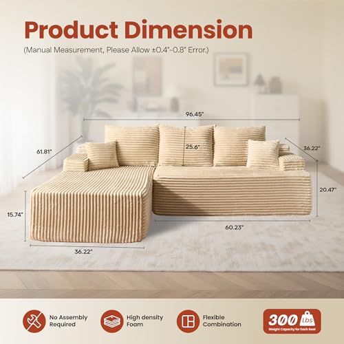 Image of ovios 96 inch Cloud Sectional Couch with L-Shape Chaise,Modern Modular Sofa with Deep Seat, Upholstered Couches for Living Room Bedroom,No Assembly Required, Beige (Plush Corduroy Fabric)