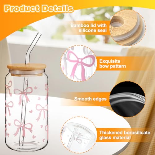 Drinking Jars,16 oz Pink Bow Glass Cup, Versatile and Stylish Drinking Glass Cups with Lids and Straws Aesthetic Gifts for Women Girls Friends - Image 4