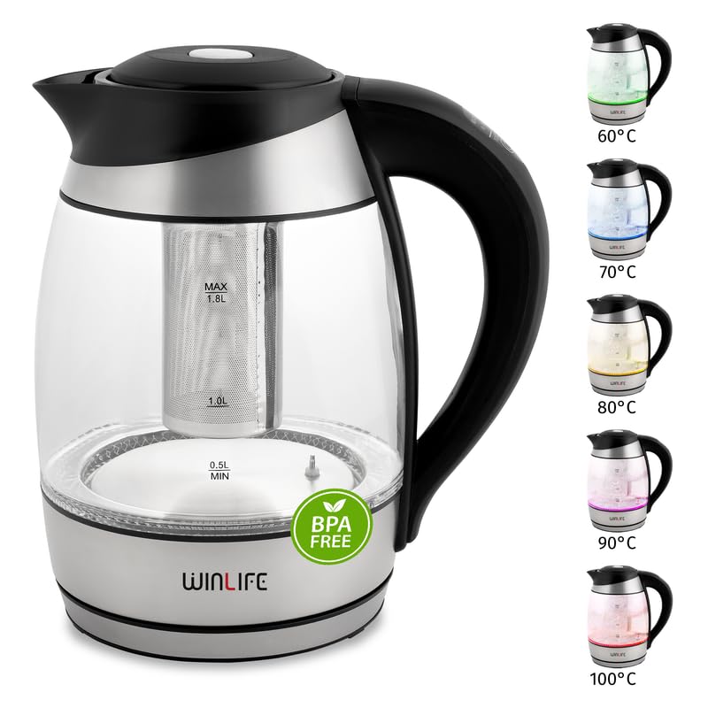 WINLIFE Wasserkocher Glaswasserkocher Edelstahl 1,8 Liter...