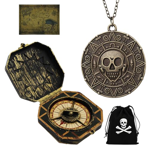 4 Stück Piraten Schmuck Set mit Kompass Piraten Halskette Schatzbeutel karte - Ideales Zubehör für Piratenkostüm Herren Damen Erwachsene - Mittelalter Cosplay Accessoires für Halloween Karneval