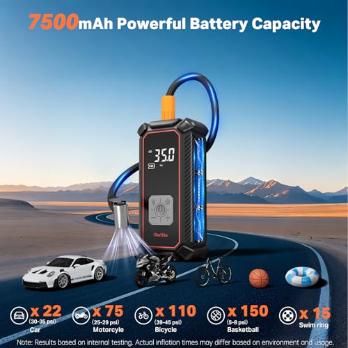 Image of OlarHike Tire Inflator Portable Air Compressor, Battery Powered, 7500mAh, Dual Mode, Auto Air Pump for Car Tires, Motorcycle, Bicycle, Electric Pump with LED Light & Digital Pressure Gauge