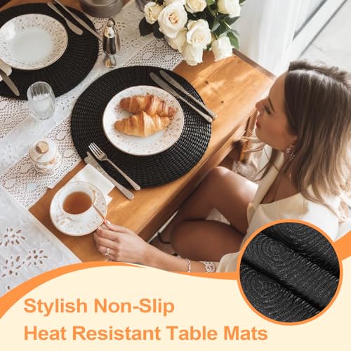 Place Mats for Table, Placemats and Coasters Set of 4, Round Woven Placemats, Black Round Table Mats and Coasters, Washable Kitchen Tables Place, Kitchen Essentials for New Home - Image 3