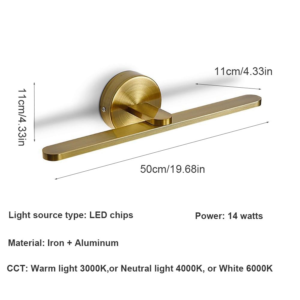 Lampada Specchio LED Moderna, Applique Bagno Orizzontale Minimalista Luce per Specchio Alluminio Lineare per Trucco Rasatura(Gold(4000K),50cm/19.68in)