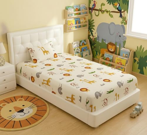 Image of Filymore Kids Animal Single Bedsheet Cartoon Bedcover 240 TC Microfiber Kid Bedspread for Single Size Bed (Size 90 X 60 Inches) 1 Bedsheet with 1 Pillow Cover for Kids Room (Color-Cream)