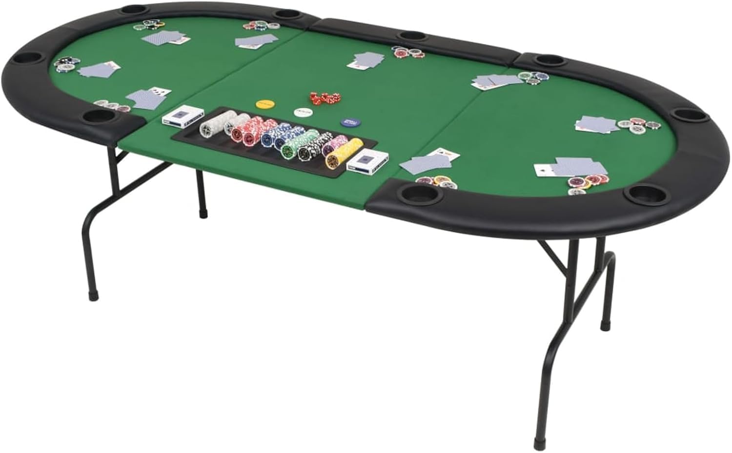 Tavolo da poker pieghevole per 9 giocatori, design ovale per una facile conservazione, superficie resistente per serate di gioco, perfetto per uso interno/esterno, piano in feltro verde