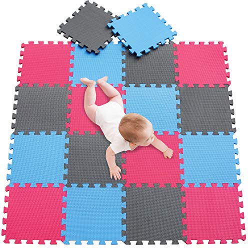 meiqicool Alfombra puzle para Niños Bebe Infantil 1 años 18 Piezas Goma en Espuma EVA,esteras de 30x30 cm Juego Alfombrillas Puzzle Protección Pequeños Mat para El Piso Azul Rosa Gris 070912