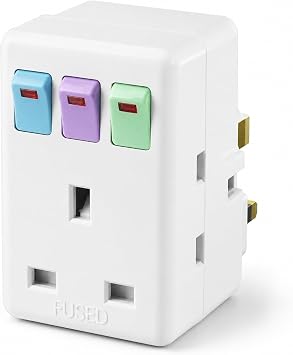 3 Way Plug Adapter UK, Multi Plug Adaptor with Individual Switches