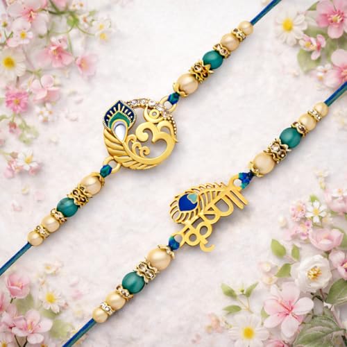 Image of Riddhika Ventures Glorious Gold Plated Religious Diamond Ring Rakhi || Traditional Rakhi Set of 2 & Festive Gift || Rakhi Gift Combo for Brother
