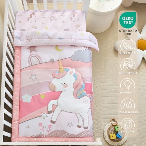 Image of 3-Piece Crib Bedding Set for Girls - Ultra Soft Baby Bedding Set Includes Crib Comforter, Sheet & Skirt (Unicorn)
