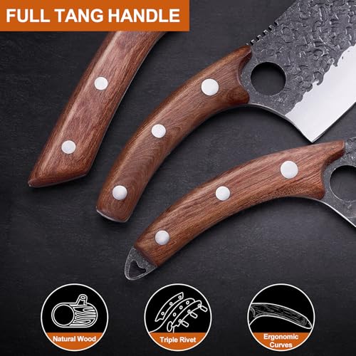 3PCS Hand Forged Butcher Knife Set Meat Cleavers, Serbian Chef Knife Viking Boning Knife High Carbon Steel Kitchen Knife for Meat Cutting, Outdoor BBQ Vegetable Camping, Gift for Men - image 6