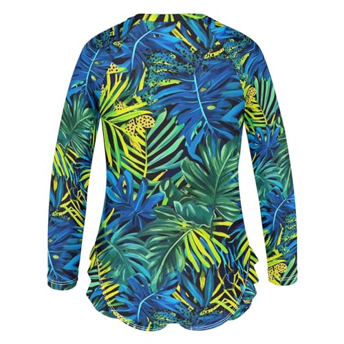 CHIFIGNO Long Sleeve One Piece Swimsuits Girls Leopards Leaves Blue Green Girl Bathing Suit 3T3