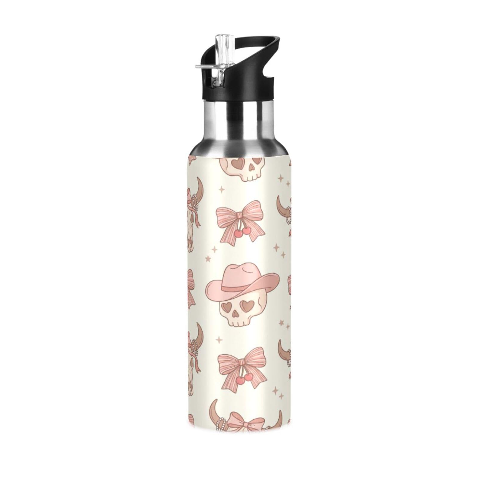 BOESI Cow Skull Bow Pattern Insulated Water Bottle 600ml, Stainless Steel Vacuum Sports Bottle with Straw, Leak Proof Thermal Bottle for Gym Travel Outdoor